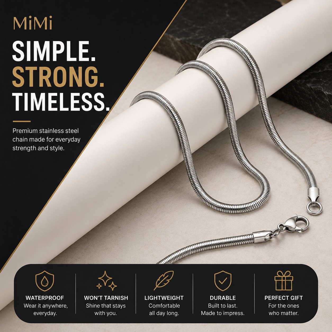 MiMi Snake Chain Waterproof Stainless Steel Necklace for Men & Women